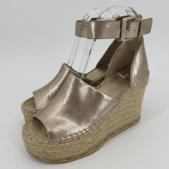 Marc Fisher ADALYN Women 7 M Metallic Gold Leather Espadrille Wedge Sandals - Picture 15 of 16